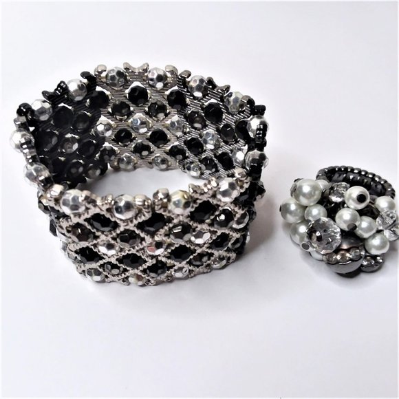 Bracelet & Ring VTG Rhinestone Pearl Stretch Glass Crystal Beads Trendy Stylish - Picture 1 of 4